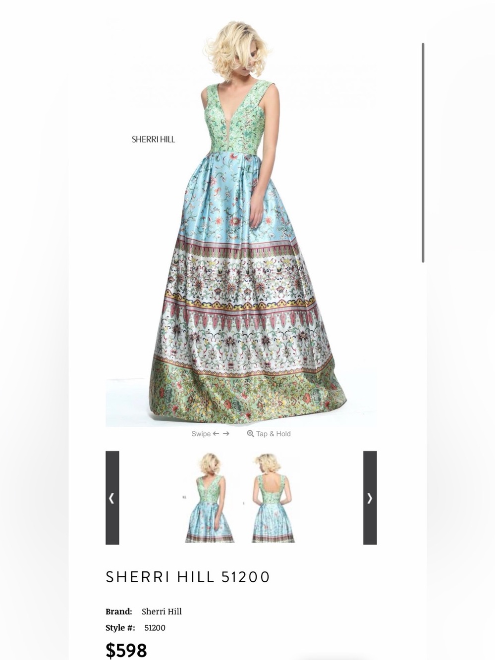 Sherri Hill Blue and Yellow Floral V-Neck Prom Gown - Picture 6 of 8